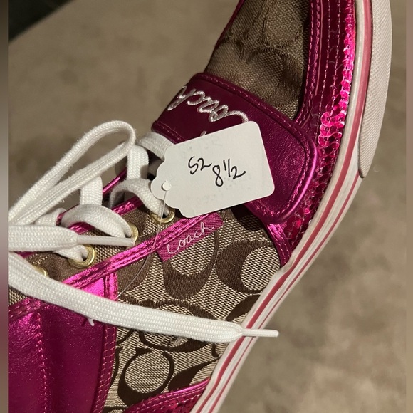 COACH Signature Fuchsia Sequined High-Top Sneakers - Picture 3 of 7